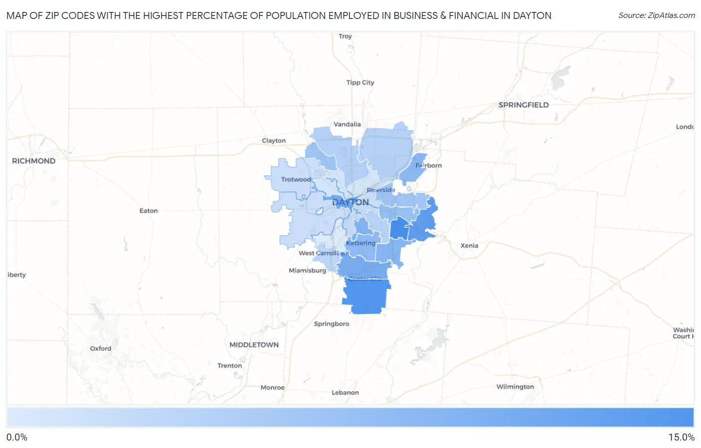 Zip Codes with the Highest Percentage of Population Employed in Business & Financial in Dayton Map