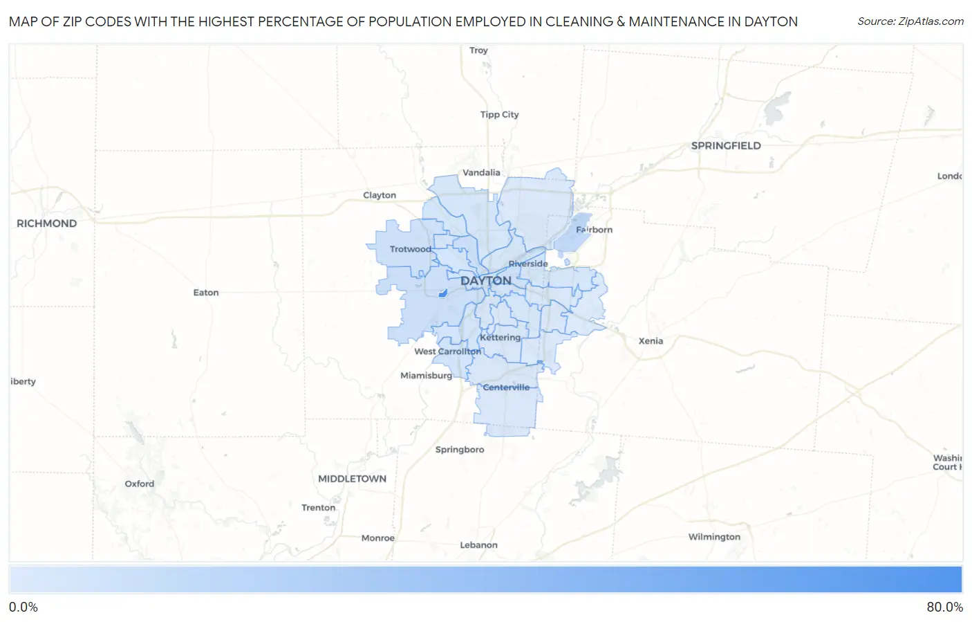Zip Codes with the Highest Percentage of Population Employed in Cleaning & Maintenance in Dayton Map