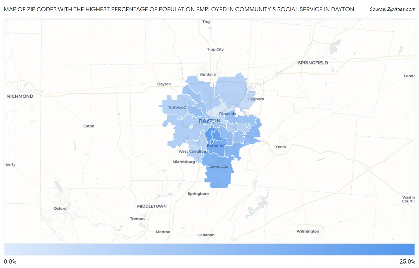 Zip Codes with the Highest Percentage of Population Employed in Community & Social Service  in Dayton Map
