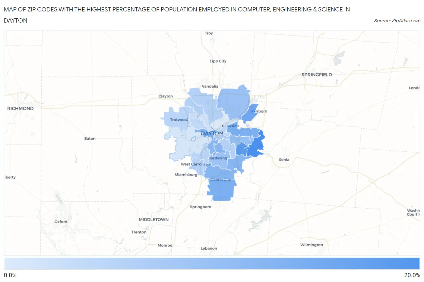 Zip Codes with the Highest Percentage of Population Employed in Computer, Engineering & Science in Dayton Map