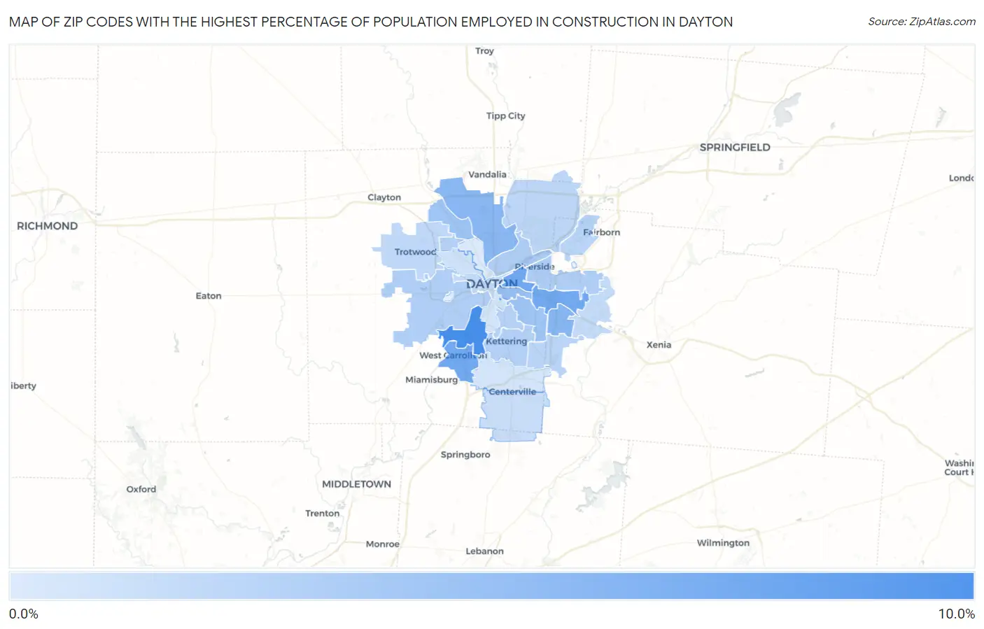 Zip Codes with the Highest Percentage of Population Employed in Construction in Dayton Map