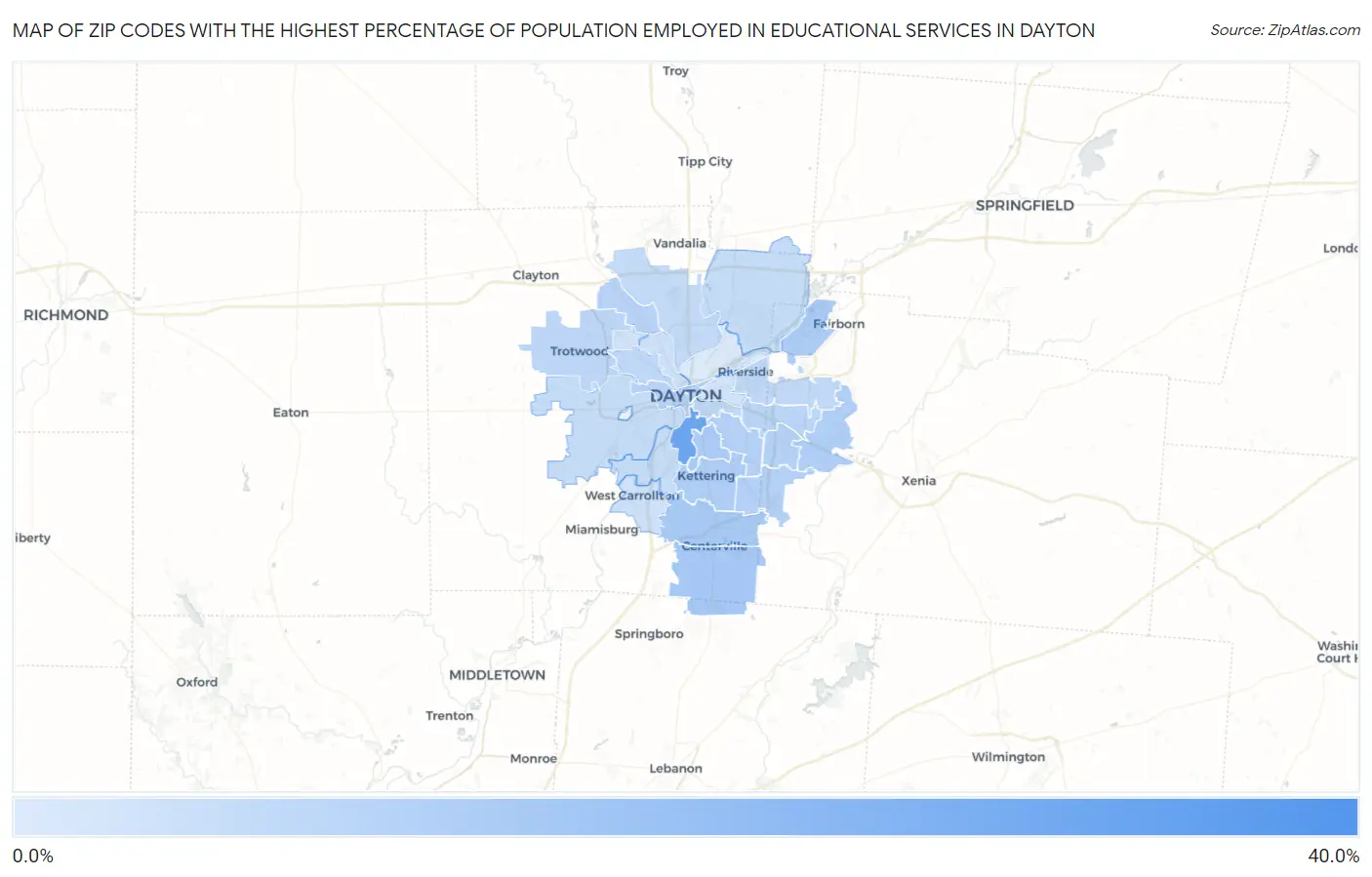 Zip Codes with the Highest Percentage of Population Employed in Educational Services in Dayton Map