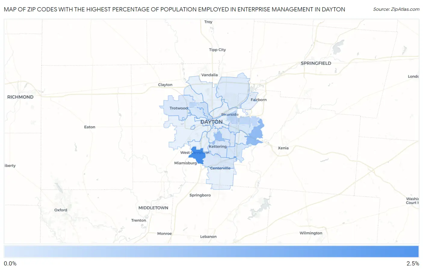 Zip Codes with the Highest Percentage of Population Employed in Enterprise Management in Dayton Map