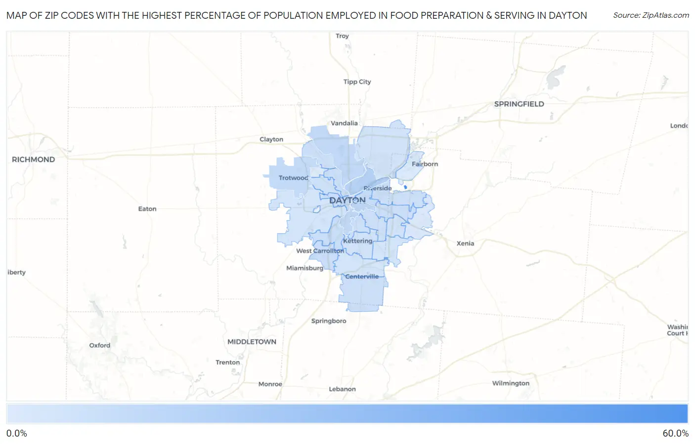 Zip Codes with the Highest Percentage of Population Employed in Food Preparation & Serving in Dayton Map