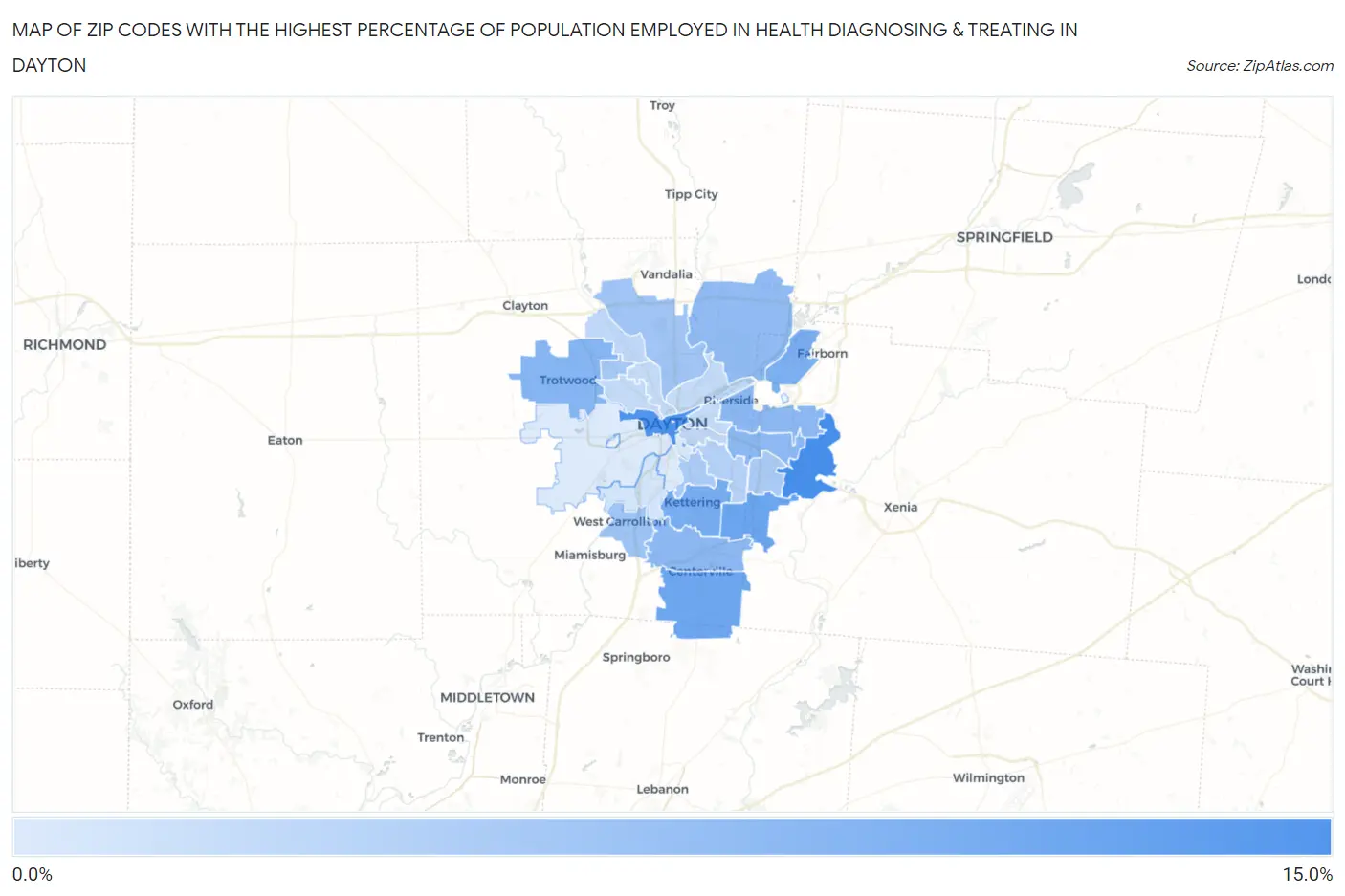 Zip Codes with the Highest Percentage of Population Employed in Health Diagnosing & Treating in Dayton Map