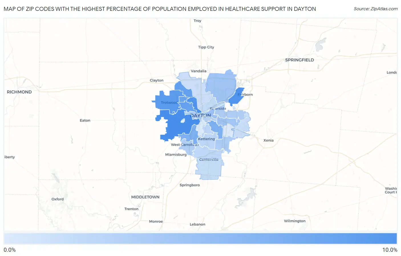 Zip Codes with the Highest Percentage of Population Employed in Healthcare Support in Dayton Map
