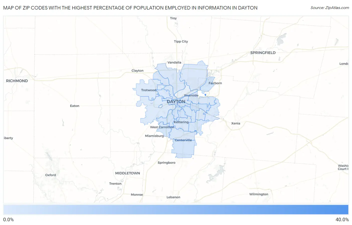 Zip Codes with the Highest Percentage of Population Employed in Information in Dayton Map