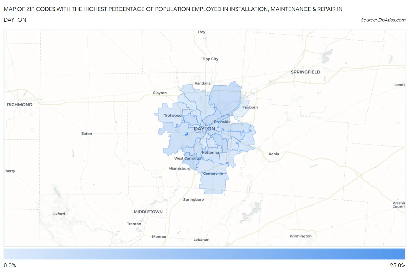 Zip Codes with the Highest Percentage of Population Employed in Installation, Maintenance & Repair in Dayton Map