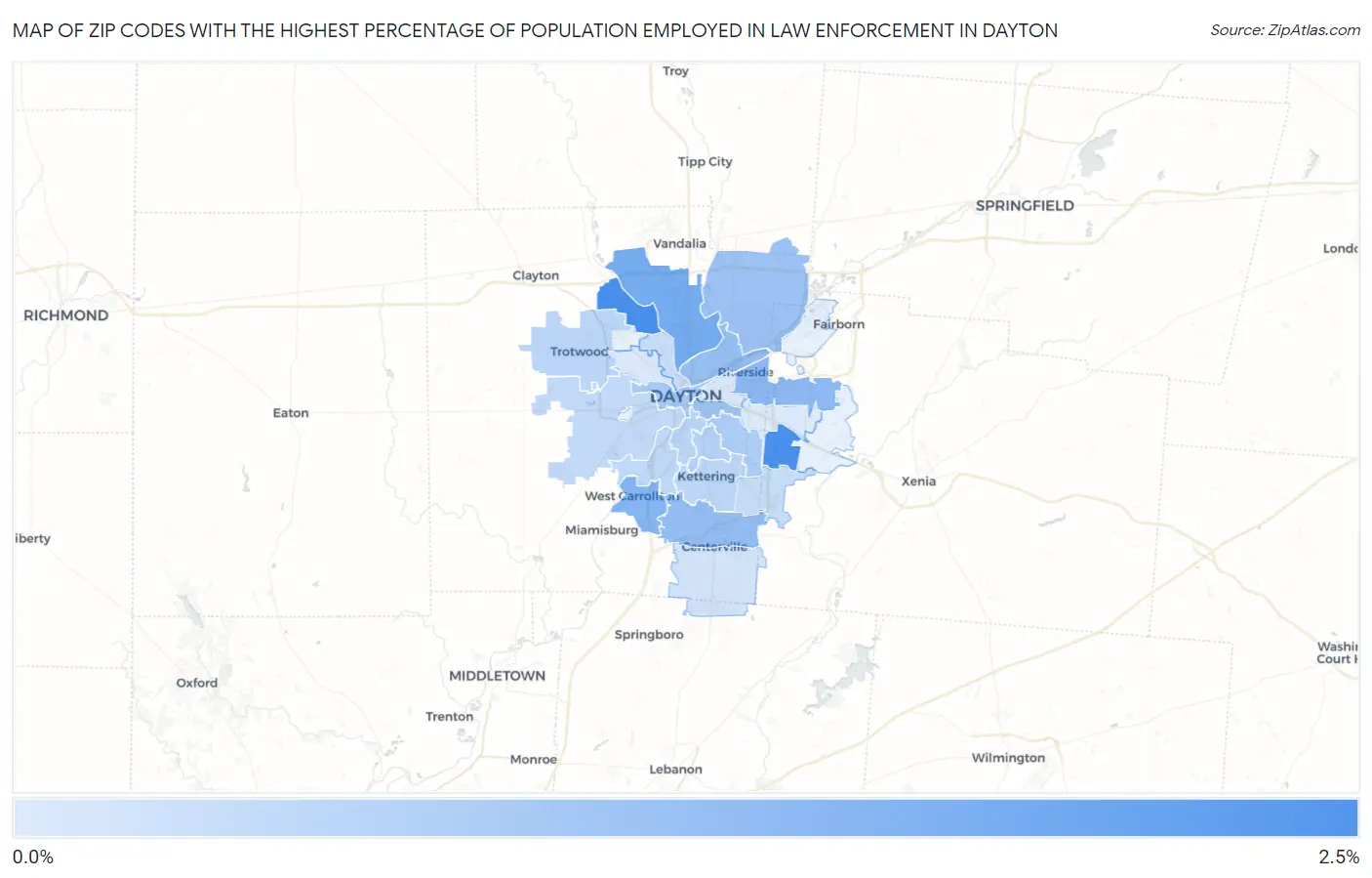 Zip Codes with the Highest Percentage of Population Employed in Law Enforcement in Dayton Map