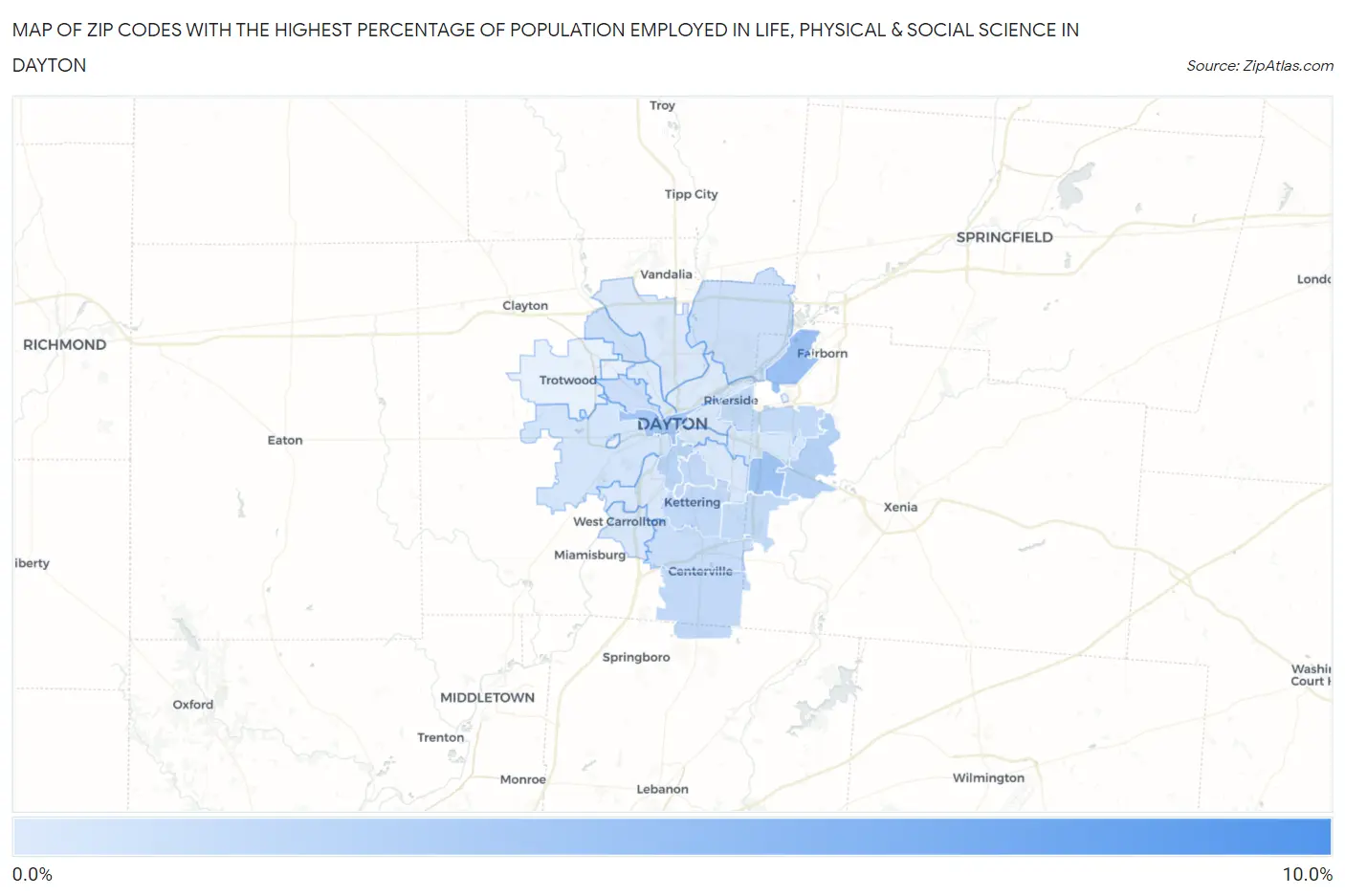 Zip Codes with the Highest Percentage of Population Employed in Life, Physical & Social Science in Dayton Map