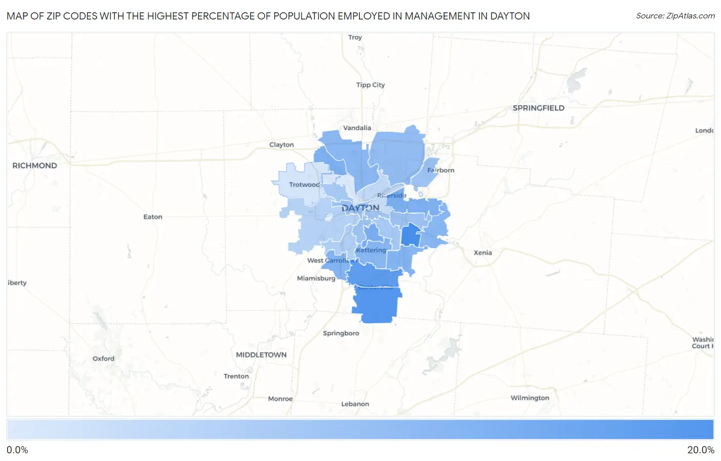Zip Codes with the Highest Percentage of Population Employed in Management in Dayton Map