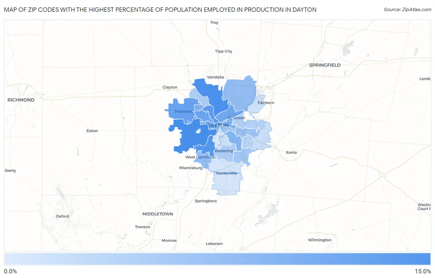 Zip Codes with the Highest Percentage of Population Employed in Production in Dayton Map