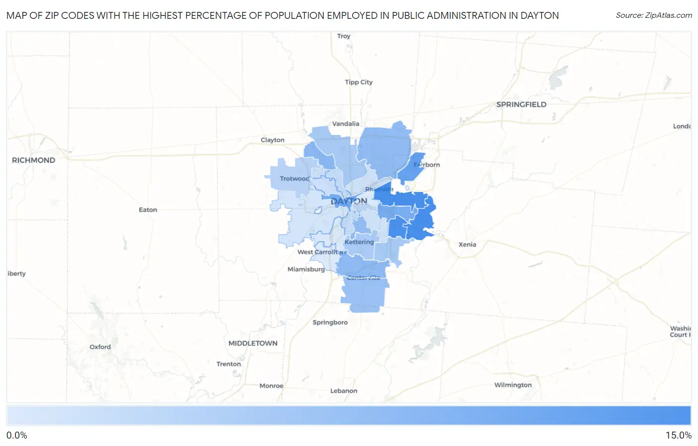 Zip Codes with the Highest Percentage of Population Employed in Public Administration in Dayton Map