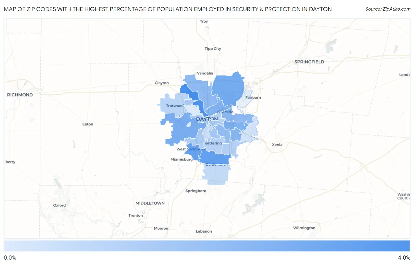 Zip Codes with the Highest Percentage of Population Employed in Security & Protection in Dayton Map