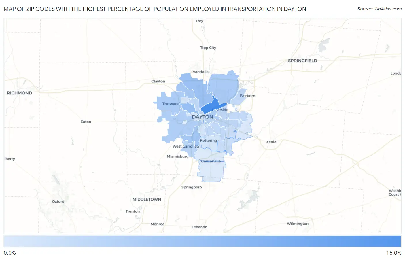 Zip Codes with the Highest Percentage of Population Employed in Transportation in Dayton Map