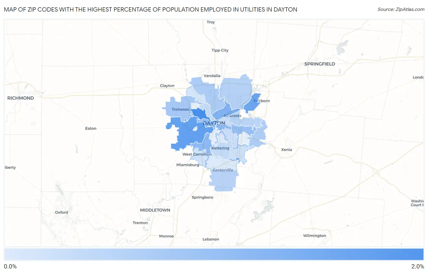 Zip Codes with the Highest Percentage of Population Employed in Utilities in Dayton Map