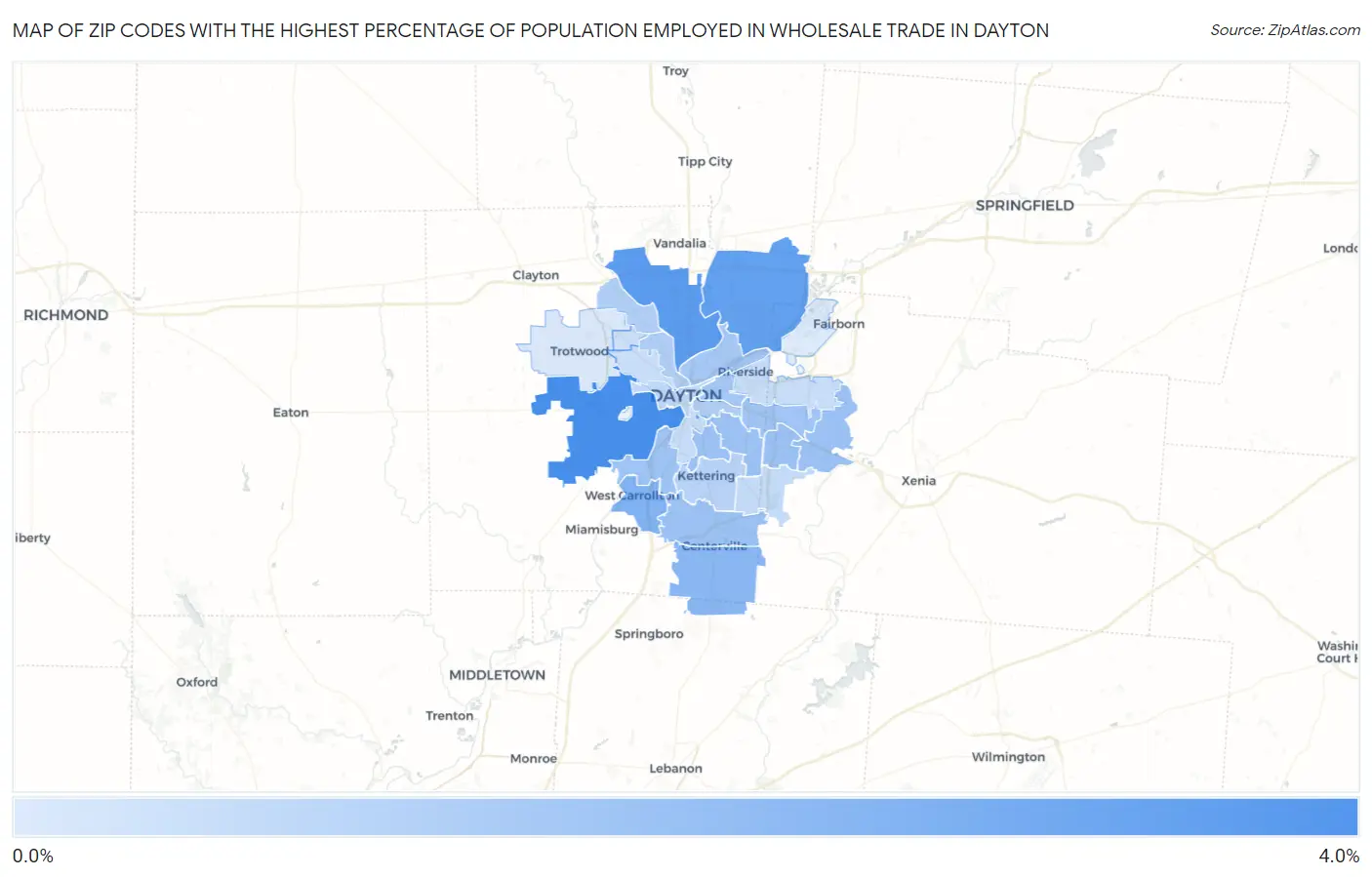 Zip Codes with the Highest Percentage of Population Employed in Wholesale Trade in Dayton Map