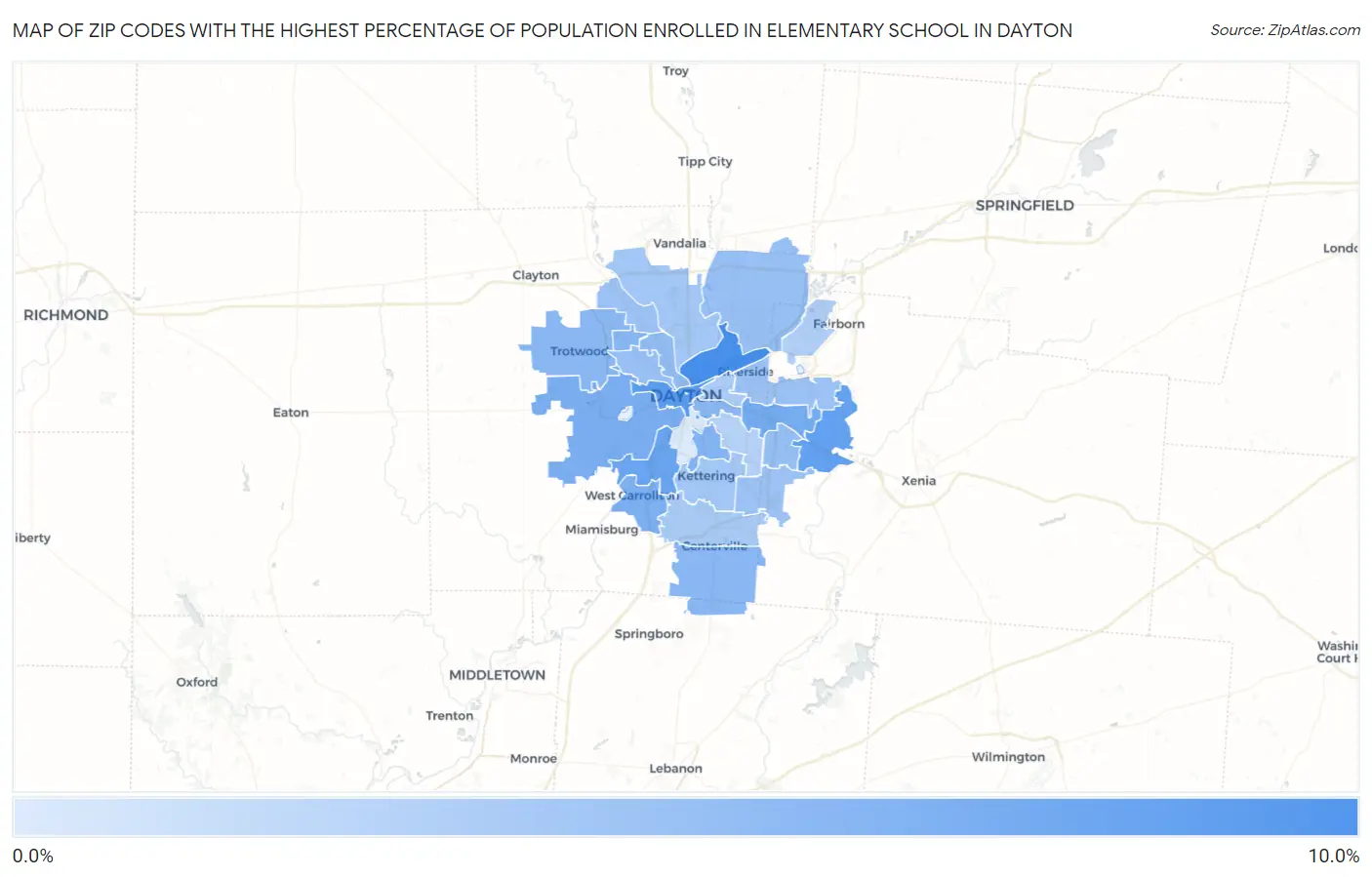 Zip Codes with the Highest Percentage of Population Enrolled in Elementary School in Dayton Map