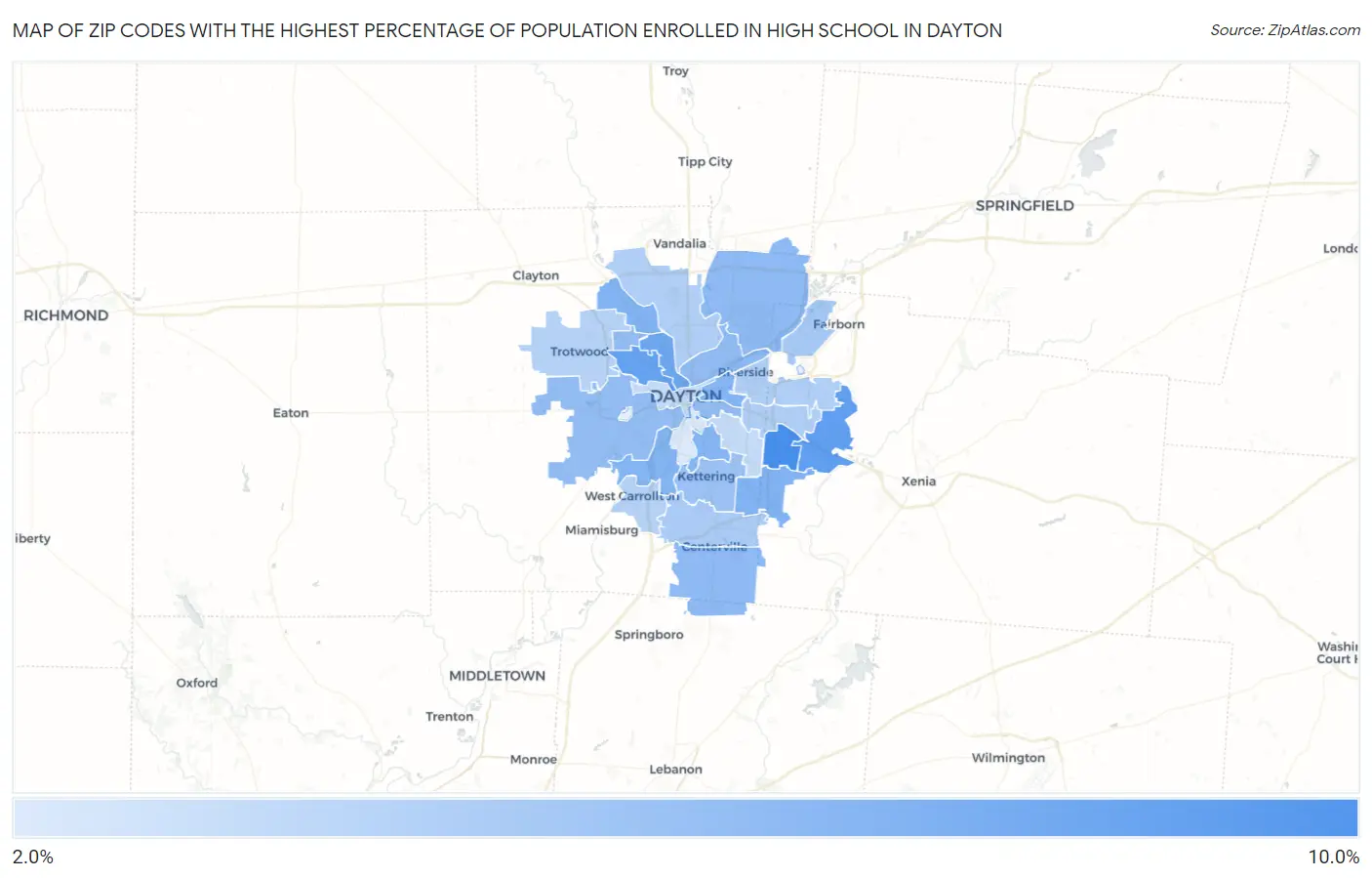 Zip Codes with the Highest Percentage of Population Enrolled in High School in Dayton Map