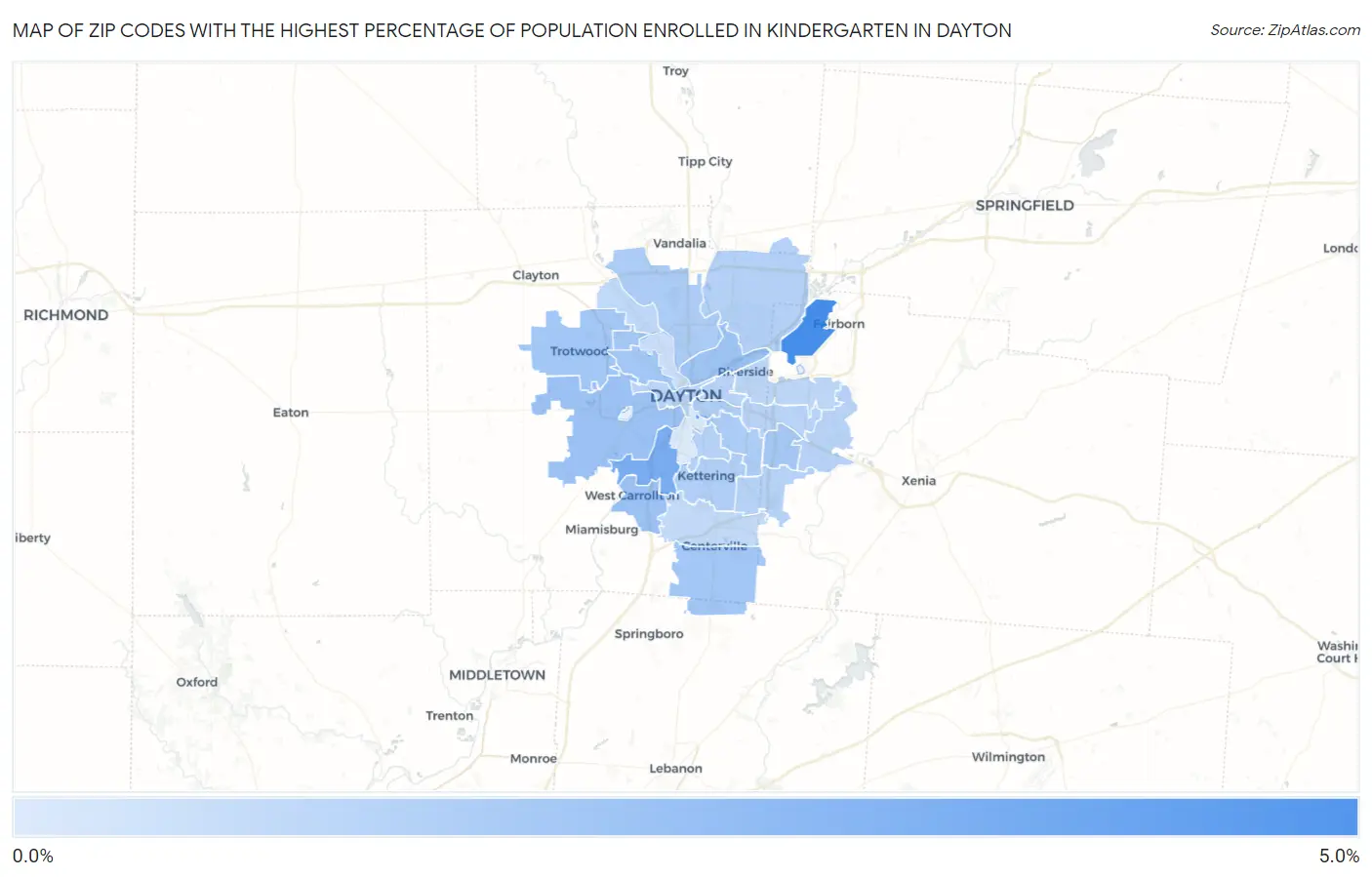 Zip Codes with the Highest Percentage of Population Enrolled in Kindergarten in Dayton Map