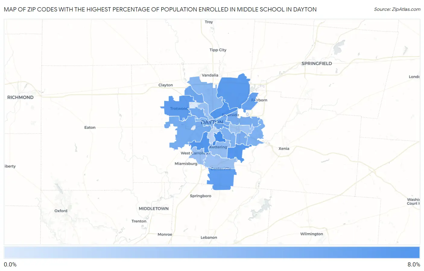 Zip Codes with the Highest Percentage of Population Enrolled in Middle School in Dayton Map