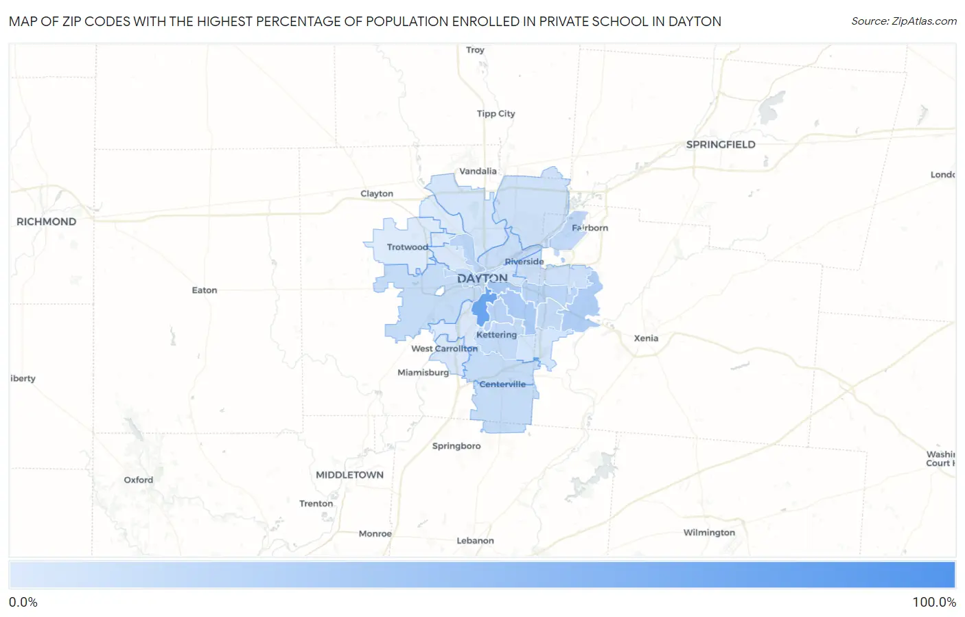 Zip Codes with the Highest Percentage of Population Enrolled in Private School in Dayton Map