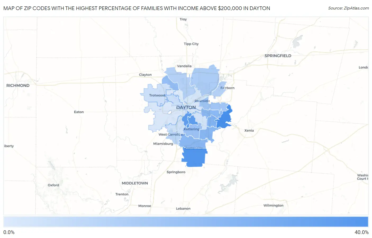 Zip Codes with the Highest Percentage of Families with Income Above $200,000 in Dayton Map