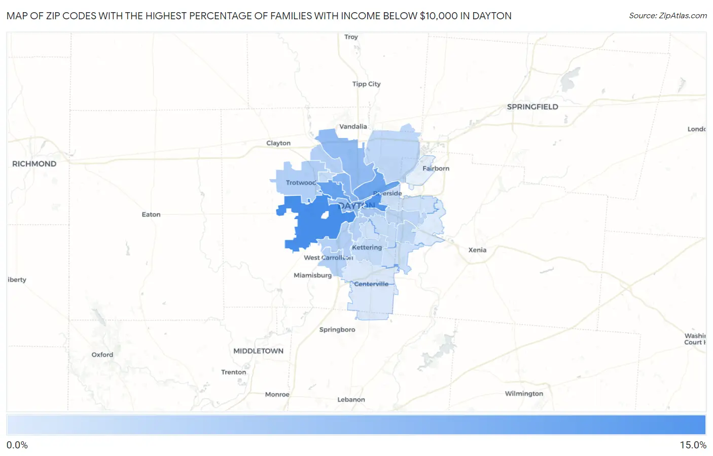 Zip Codes with the Highest Percentage of Families with Income Below $10,000 in Dayton Map