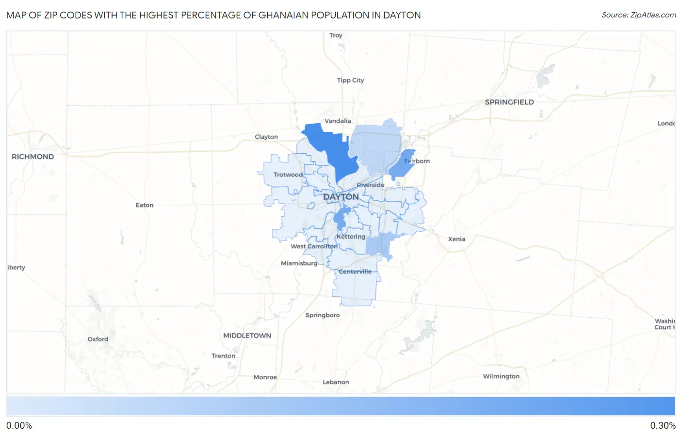Zip Codes with the Highest Percentage of Ghanaian Population in Dayton Map
