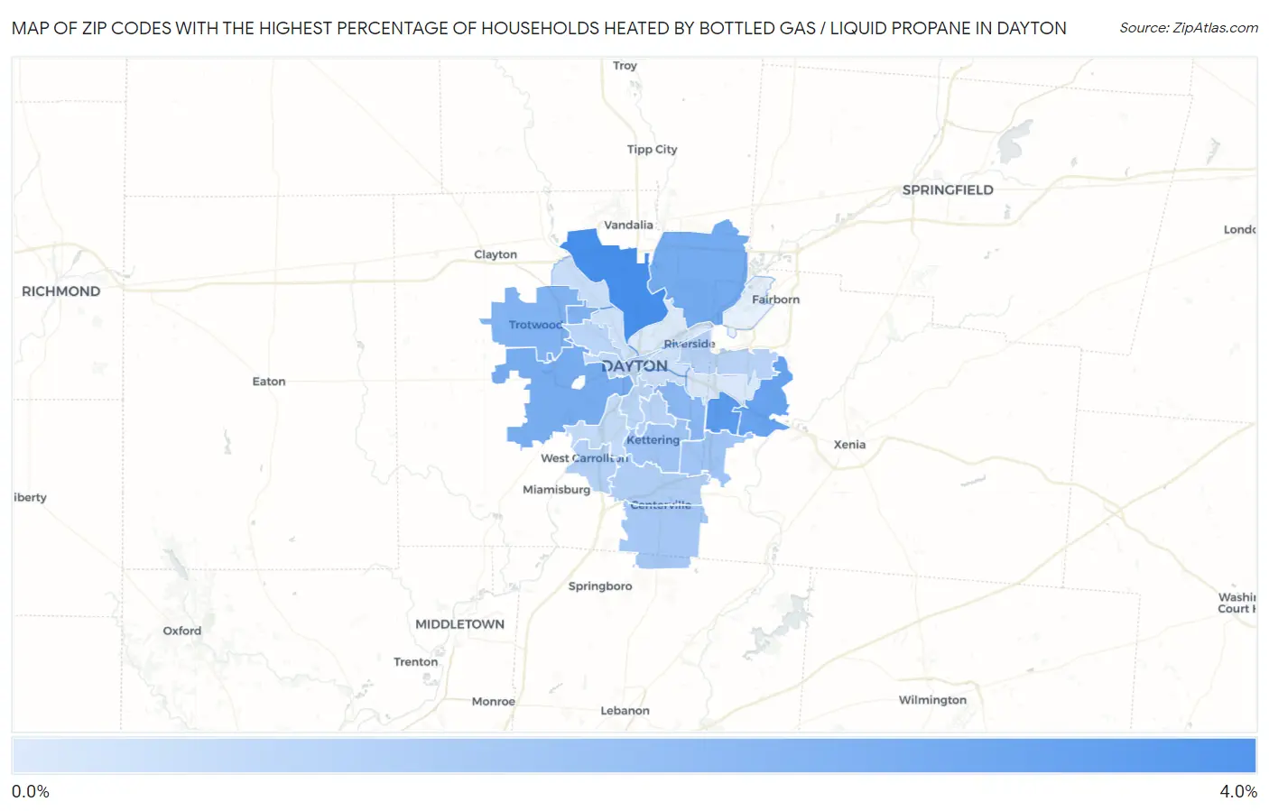 Zip Codes with the Highest Percentage of Households Heated by Bottled Gas / Liquid Propane in Dayton Map