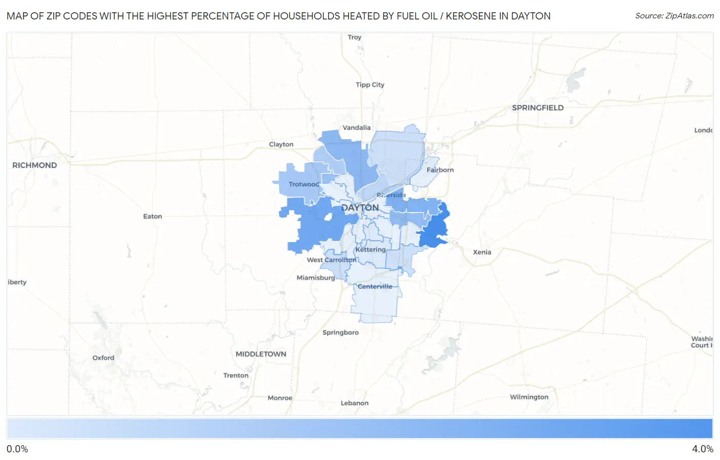 Zip Codes with the Highest Percentage of Households Heated by Fuel Oil / Kerosene in Dayton Map