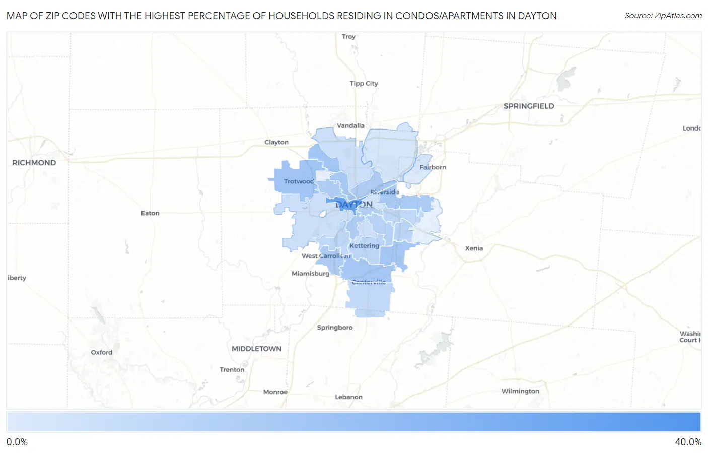 Zip Codes with the Highest Percentage of Households Residing in Condos/Apartments in Dayton Map