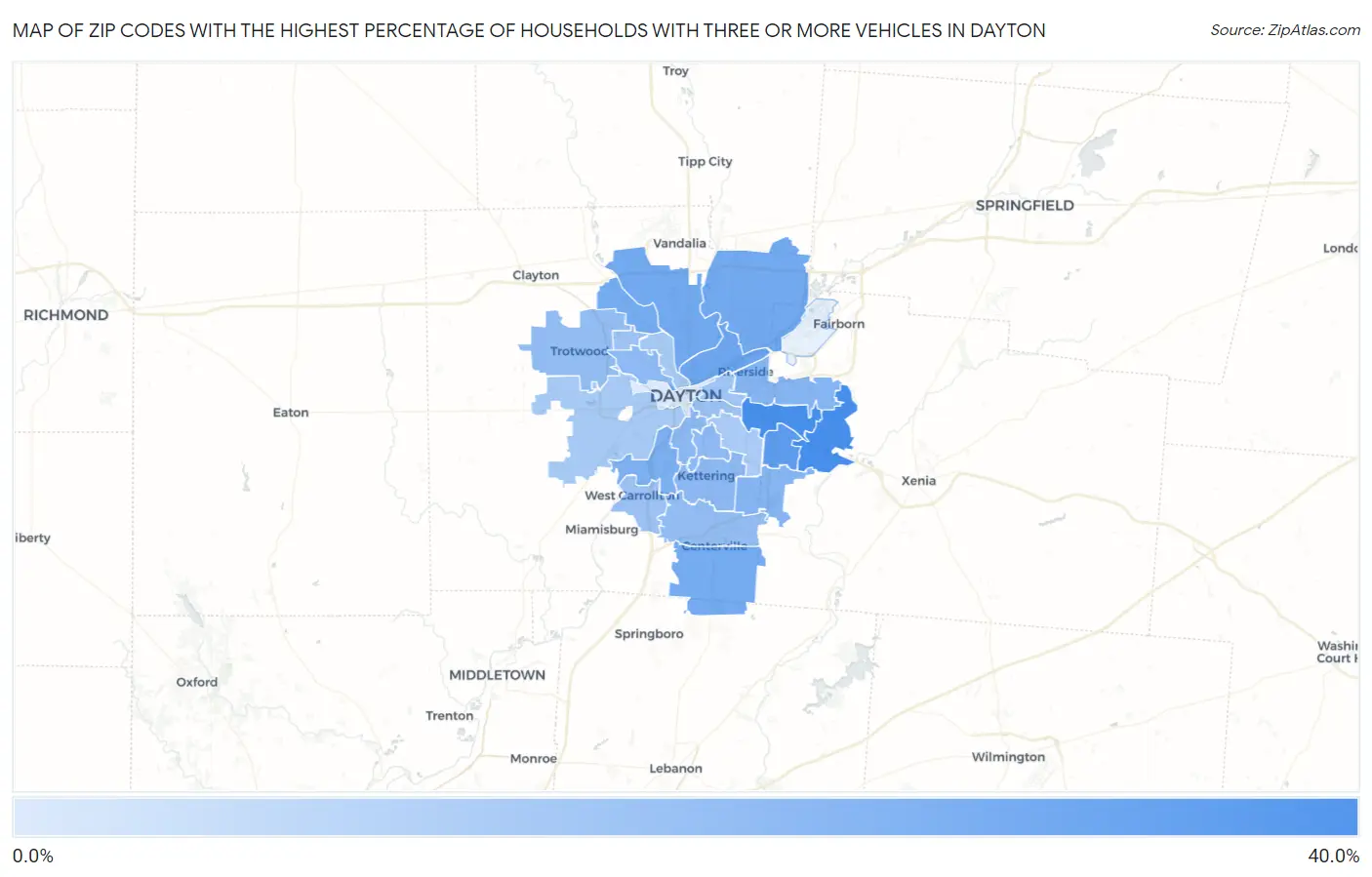 Zip Codes with the Highest Percentage of Households With Three or more Vehicles in Dayton Map