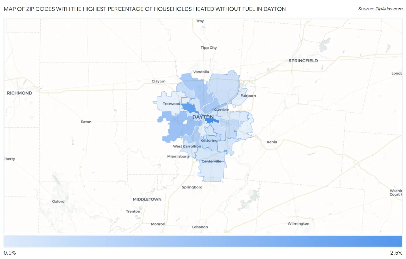 Zip Codes with the Highest Percentage of Households Heated without Fuel in Dayton Map