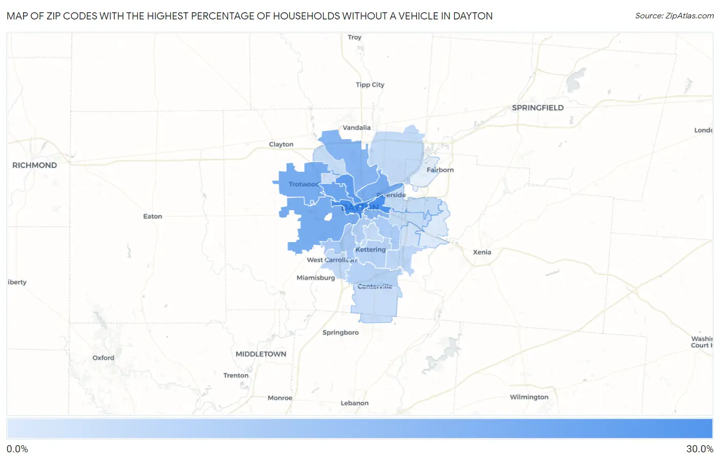 Zip Codes with the Highest Percentage of Households Without a Vehicle in Dayton Map