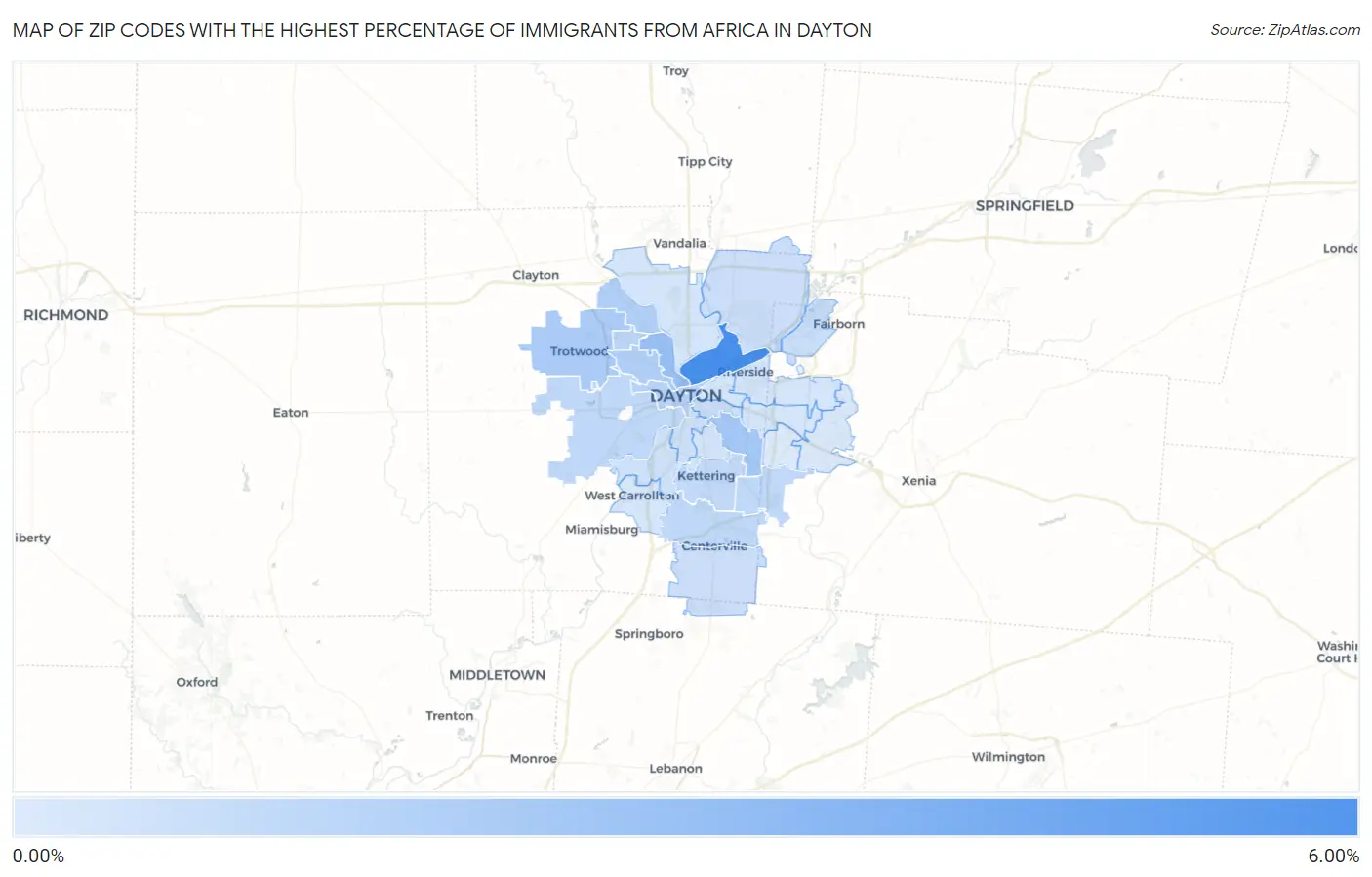 Zip Codes with the Highest Percentage of Immigrants from Africa in Dayton Map