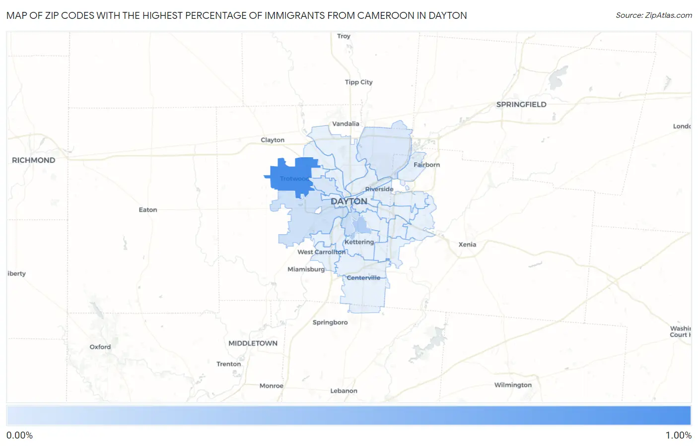 Zip Codes with the Highest Percentage of Immigrants from Cameroon in Dayton Map
