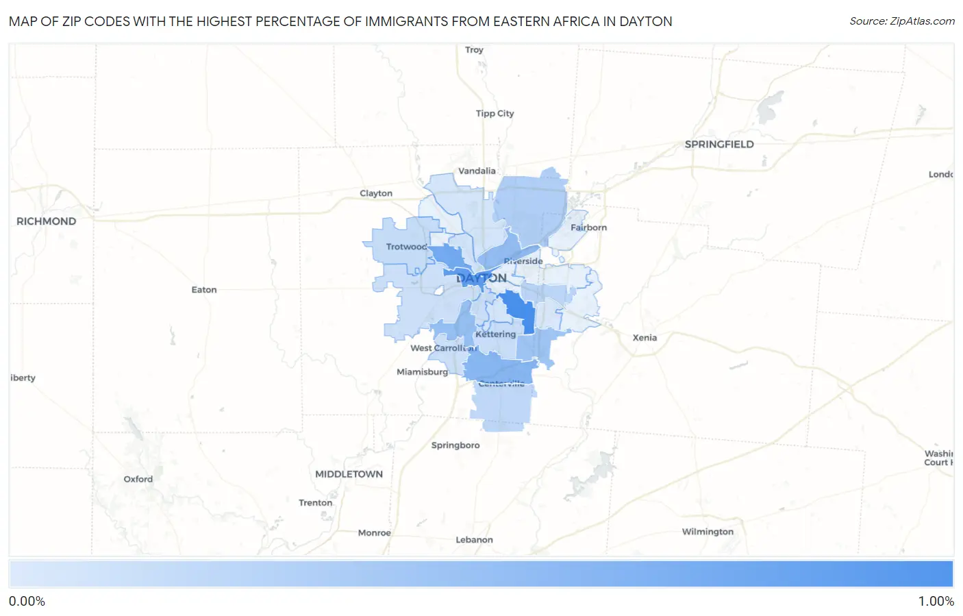 Zip Codes with the Highest Percentage of Immigrants from Eastern Africa in Dayton Map