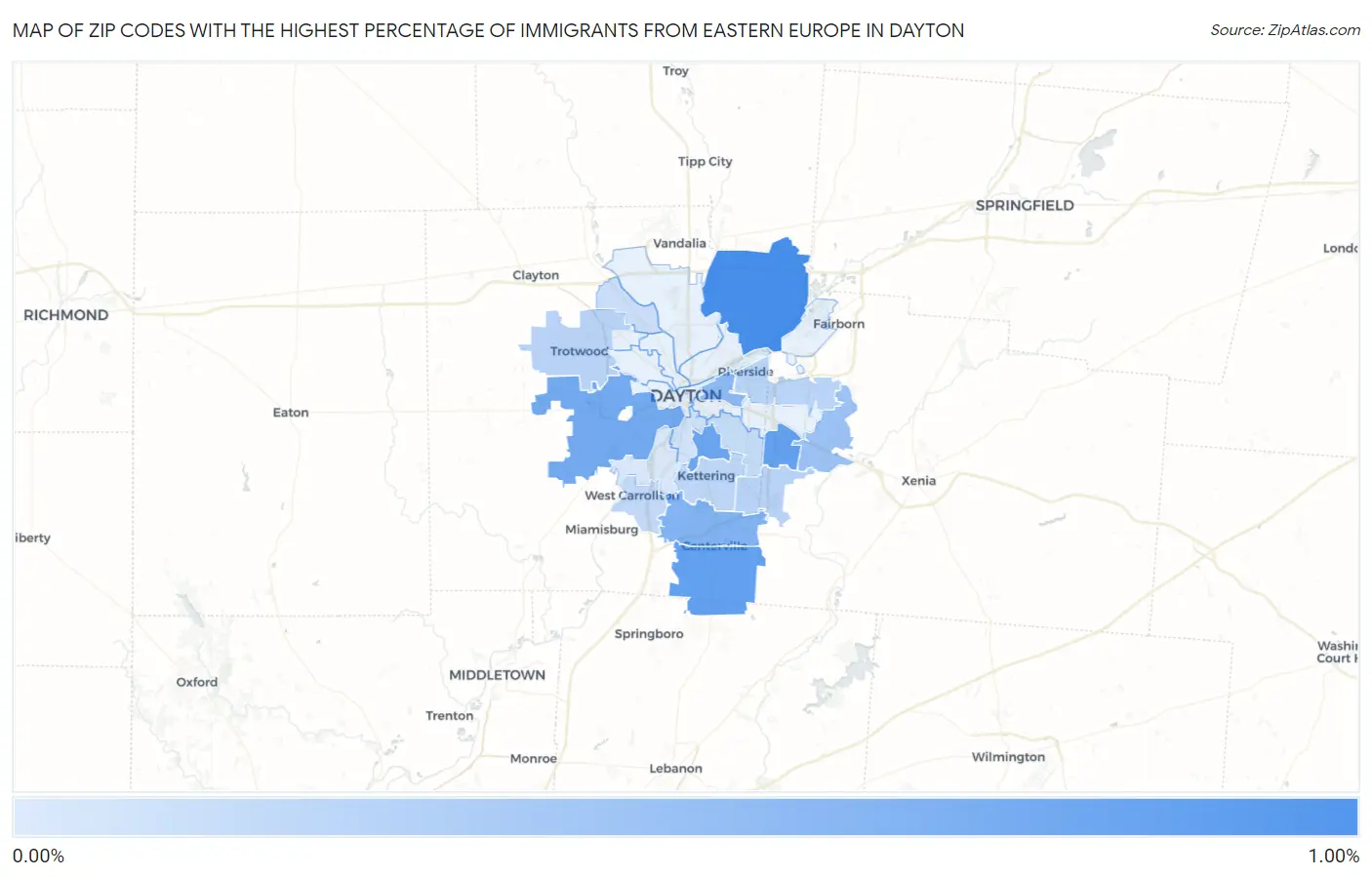 Zip Codes with the Highest Percentage of Immigrants from Eastern Europe in Dayton Map