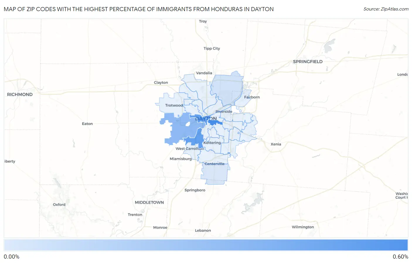 Zip Codes with the Highest Percentage of Immigrants from Honduras in Dayton Map