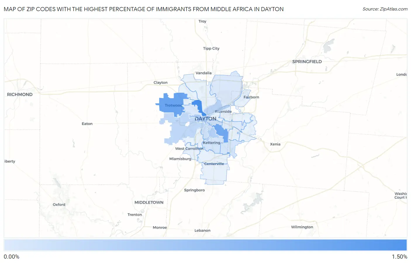 Zip Codes with the Highest Percentage of Immigrants from Middle Africa in Dayton Map