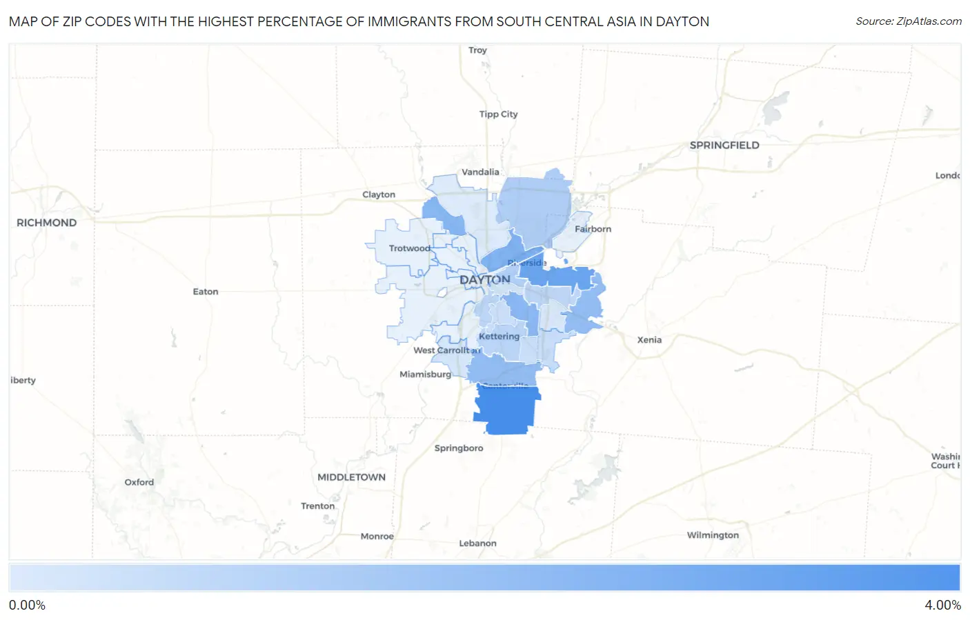 Zip Codes with the Highest Percentage of Immigrants from South Central Asia in Dayton Map