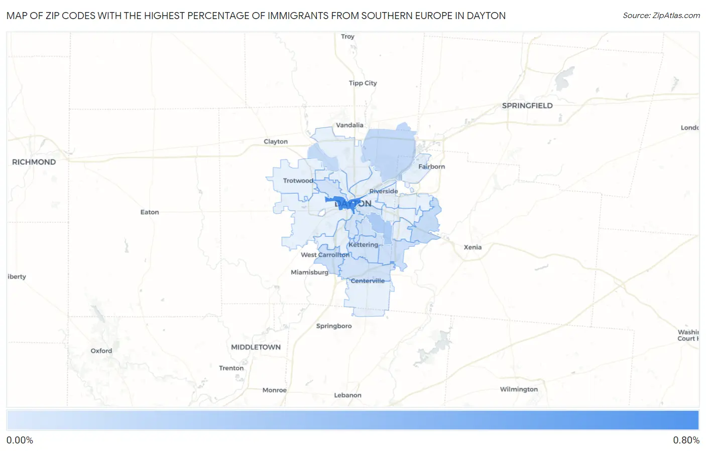 Zip Codes with the Highest Percentage of Immigrants from Southern Europe in Dayton Map