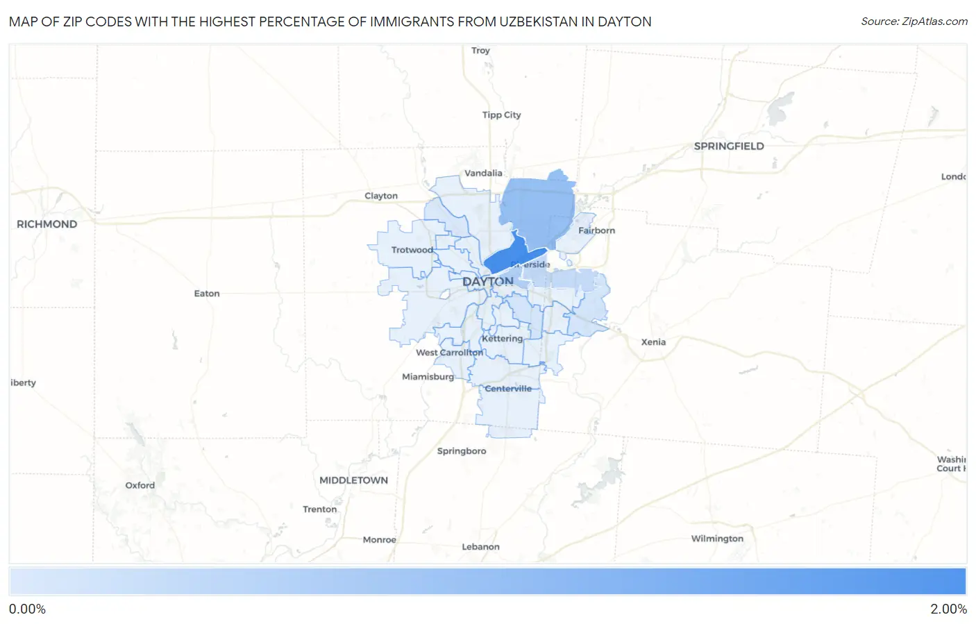 Zip Codes with the Highest Percentage of Immigrants from Uzbekistan in Dayton Map
