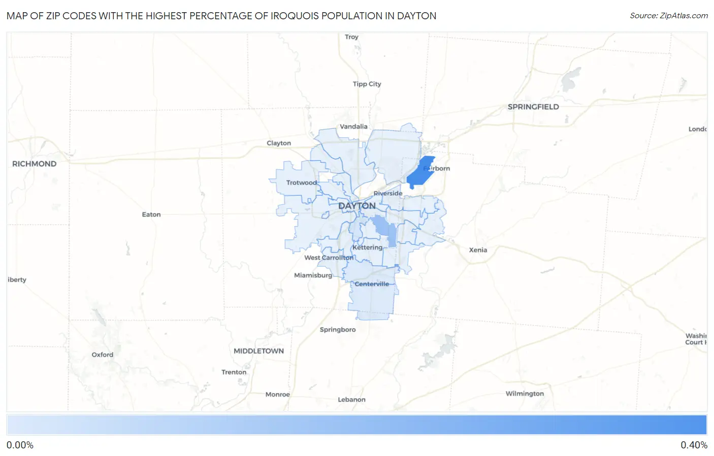 Zip Codes with the Highest Percentage of Iroquois Population in Dayton Map