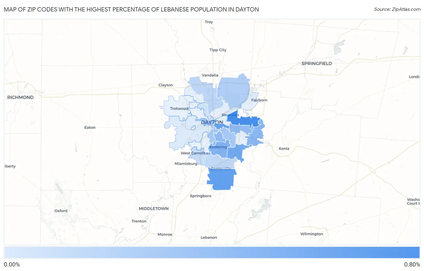 Zip Codes with the Highest Percentage of Lebanese Population in Dayton Map