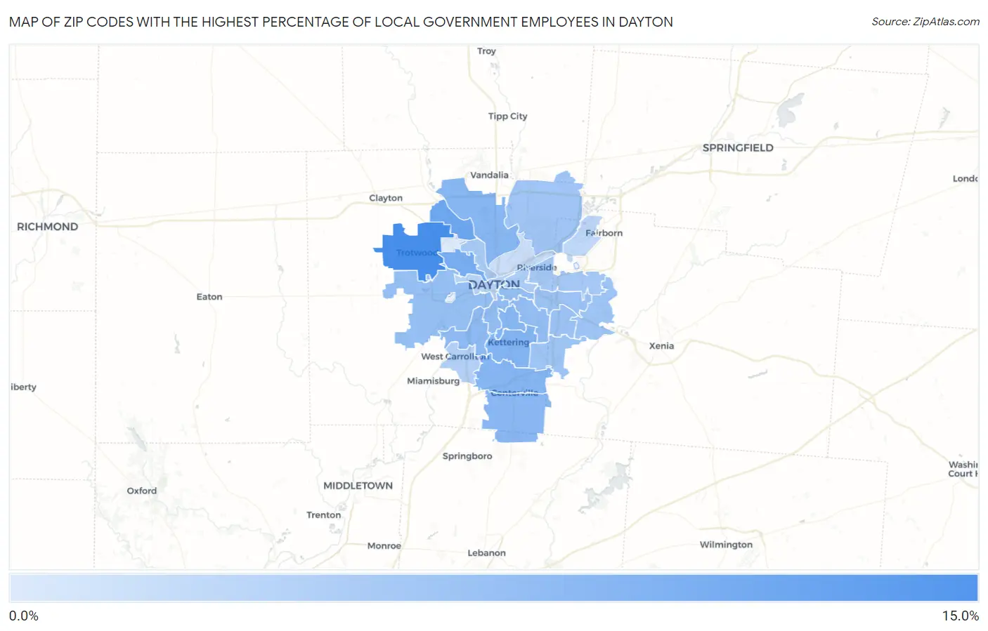 Zip Codes with the Highest Percentage of Local Government Employees in Dayton Map