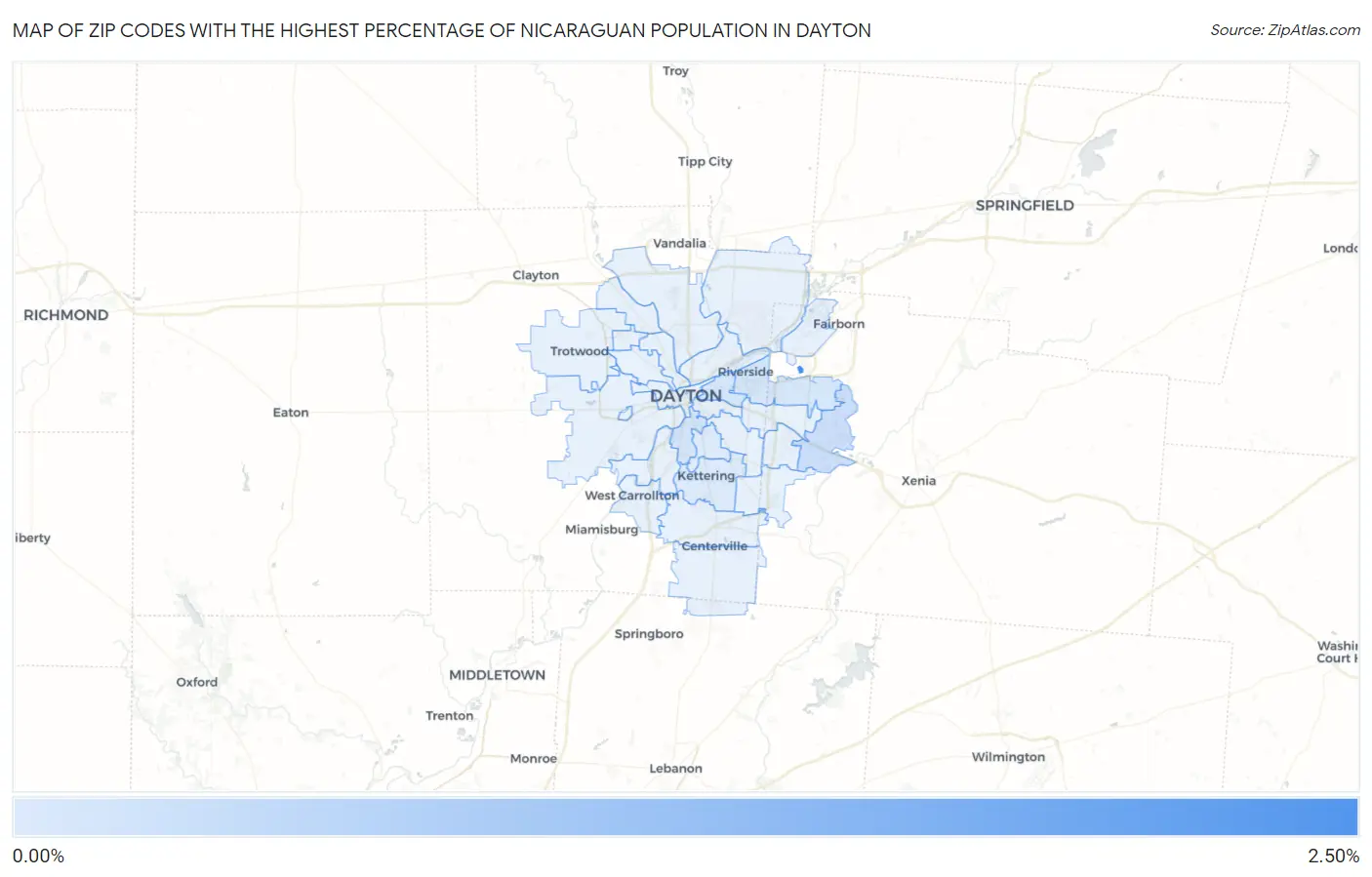 Zip Codes with the Highest Percentage of Nicaraguan Population in Dayton Map