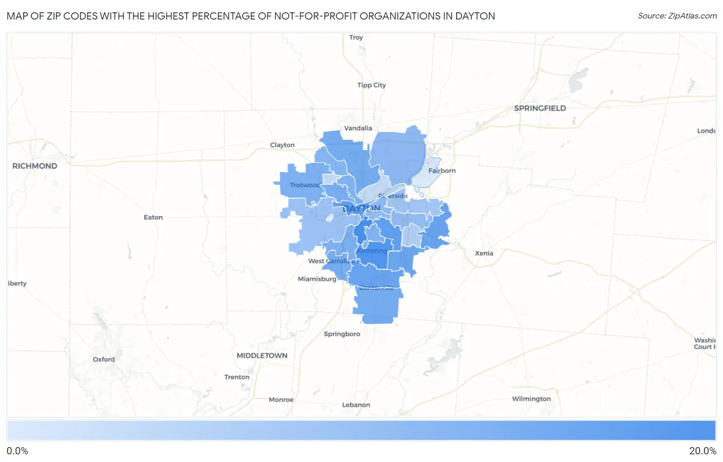 Zip Codes with the Highest Percentage of Not-for-profit Organizations in Dayton Map
