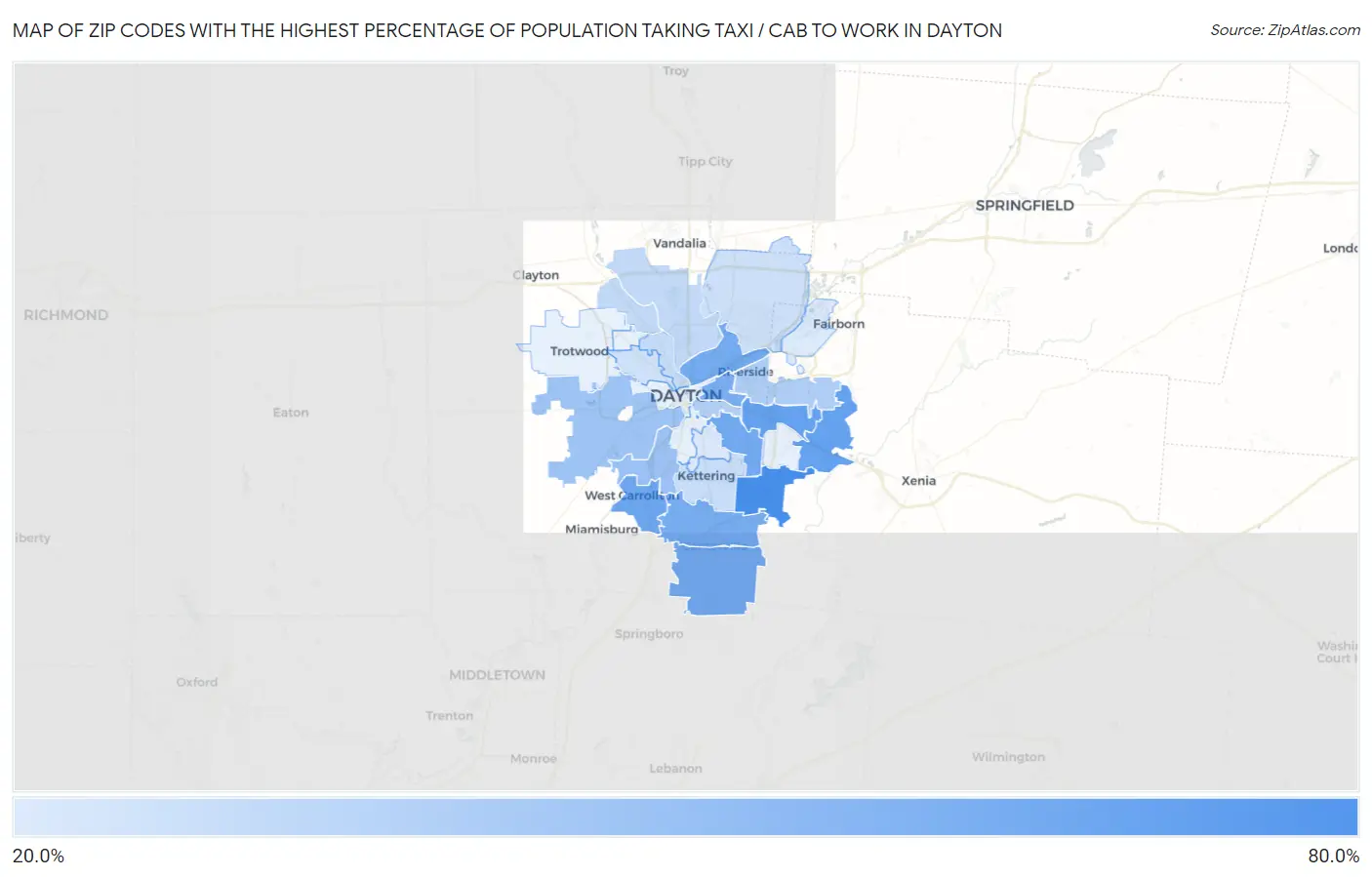 Zip Codes with the Highest Percentage of Population Taking Taxi / Cab to Work in Dayton Map